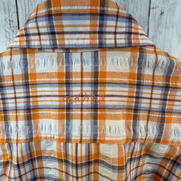 ORVIS Short Sleeve Button Down Shirt Mens Size M Orange White Linen Blend Plaid - Picture 7 of 9